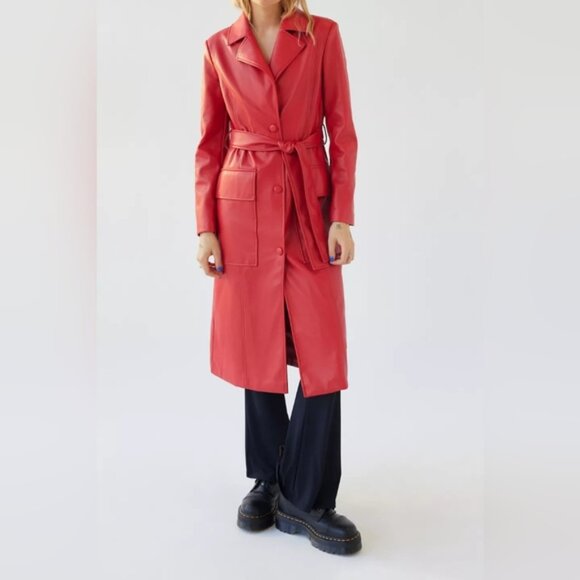 NWOT Urban Outfitters Ryan Faux Leather Trench Coat in Red Size Small - Picture 3 of 11